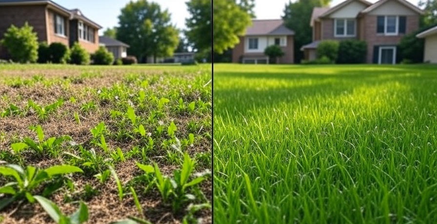Before and after transformation of a lawn maintained by professional lawn care