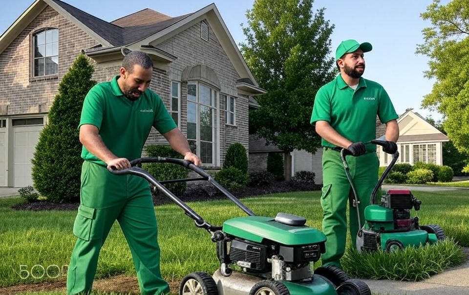 Boletso team performing lawn care on a residential property in St. Louis